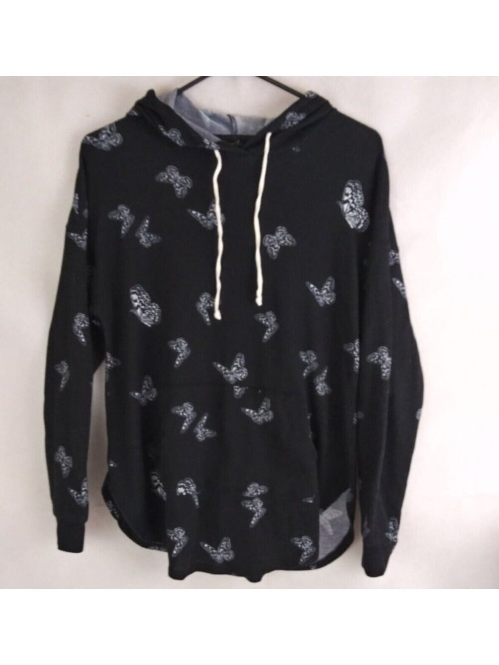 Women's Black Lightweight Hoodie With White Butterfly Designs Size Small
